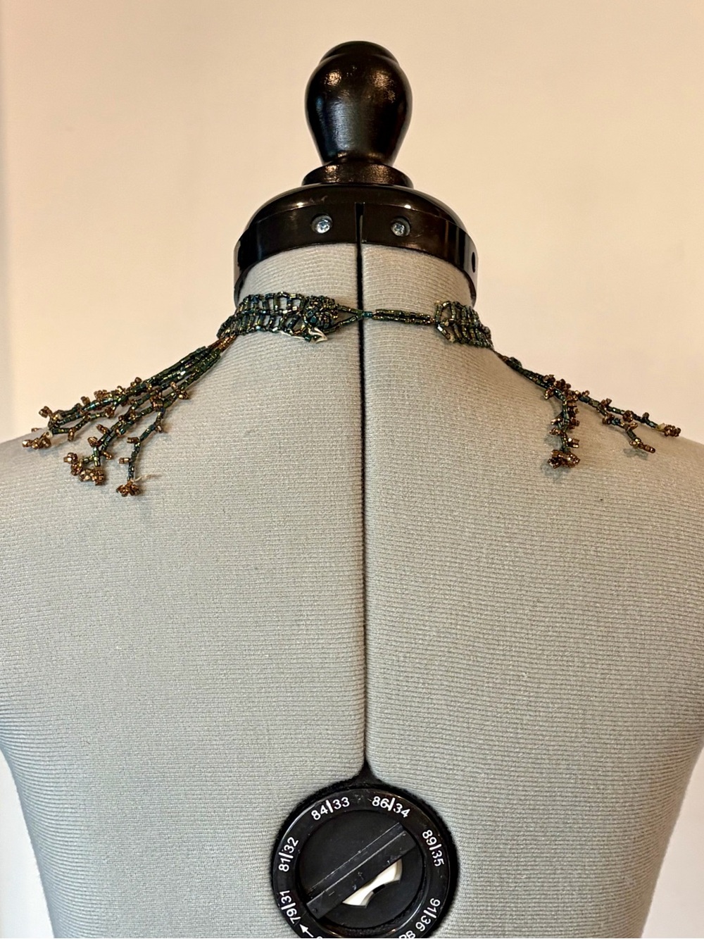 Handcrafted Iridescent Beaded Fringe Collar Necklace, green/gold, EUC - Picture 6 of 12